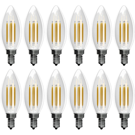 Pack of 12 dimmable 4W B10 E12 LED filament candle bulbs arranged in two rows.