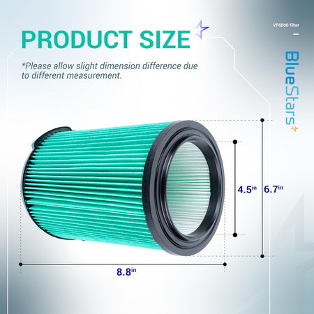 Dimensional diagram of VF6000 HEPA replacement filter for Ridgid wet dry vacuums showing 8.8-inch length and 6.7-inch height.