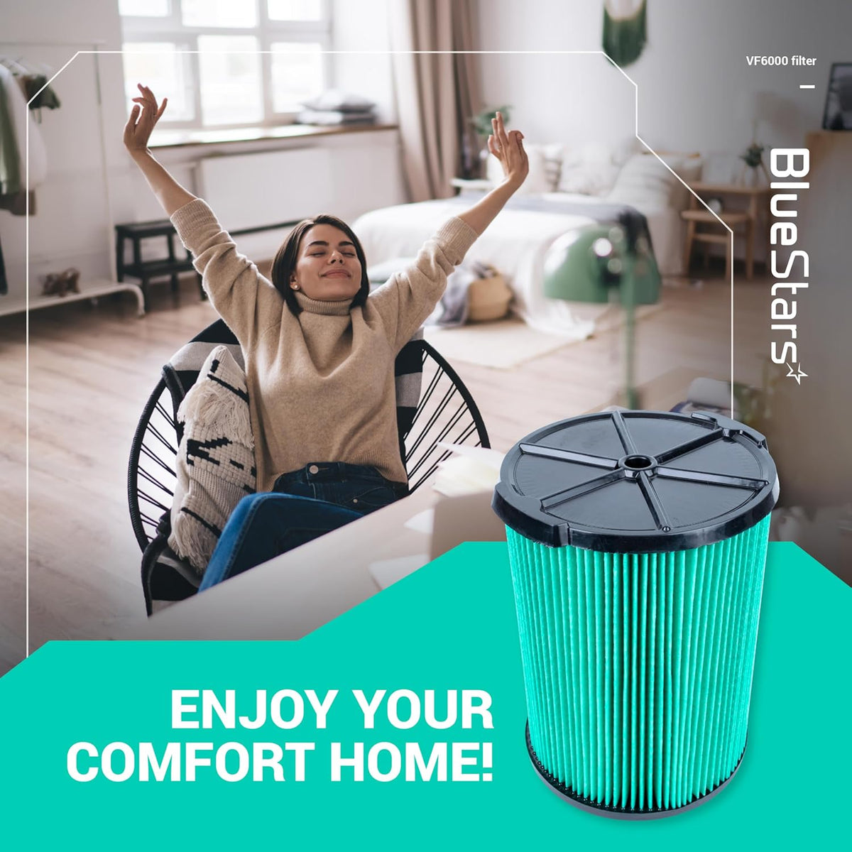 VF6000 5-layer HEPA replacement filter for Ridgid wet dry vacuums in a lifestyle marketing graphic.