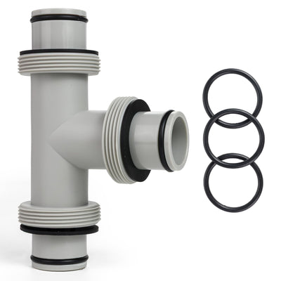1.5-inch T-joint pool hose connector with three black rubber O-rings for above ground swimming pool filter systems.