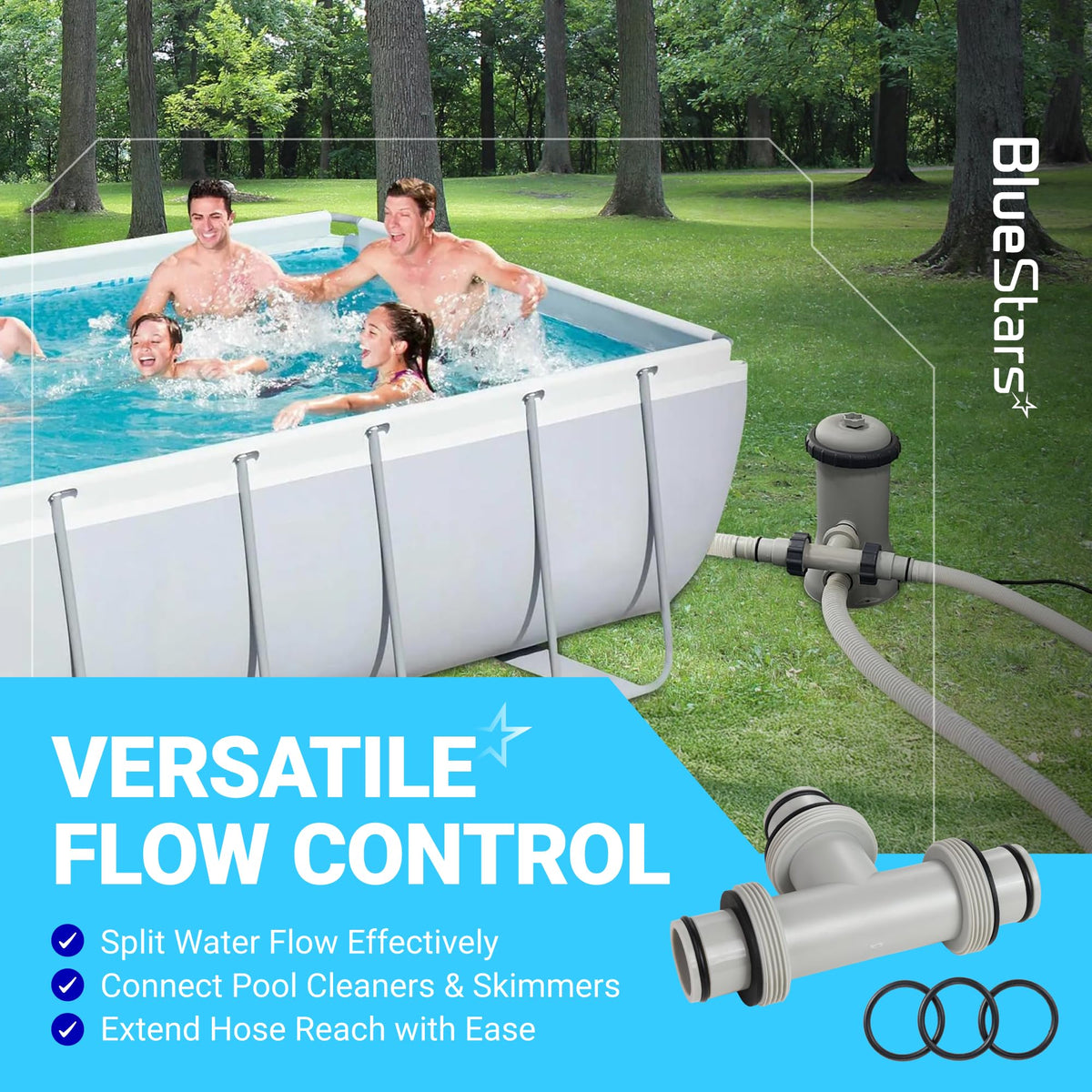 1.5-inch T-joint pool hose connector with three rubber O-rings installed on an above-ground pool filter pump system.