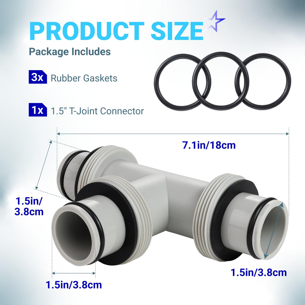 Size diagram of 1.5-inch pool hose T-joint connector and three rubber O-rings with dimensions labeled.