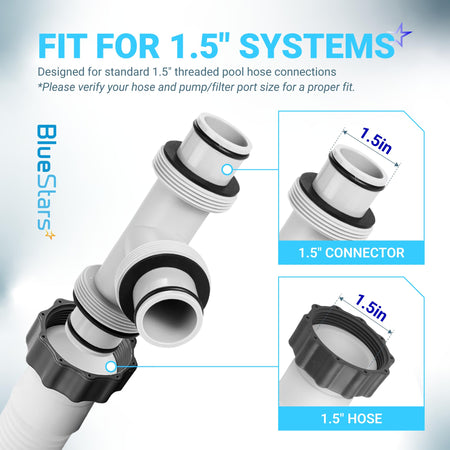 1.5-inch T-joint pool hose connector with threaded adapter and O-rings for above ground pool filter systems.