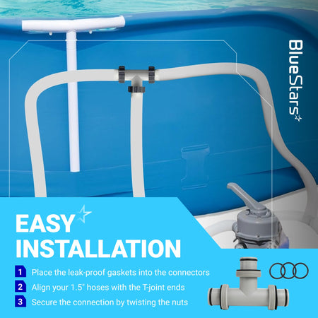 1.5-inch T-joint pool hose connector with three rubber O-rings shown in an installation diagram for a pool filter pump.