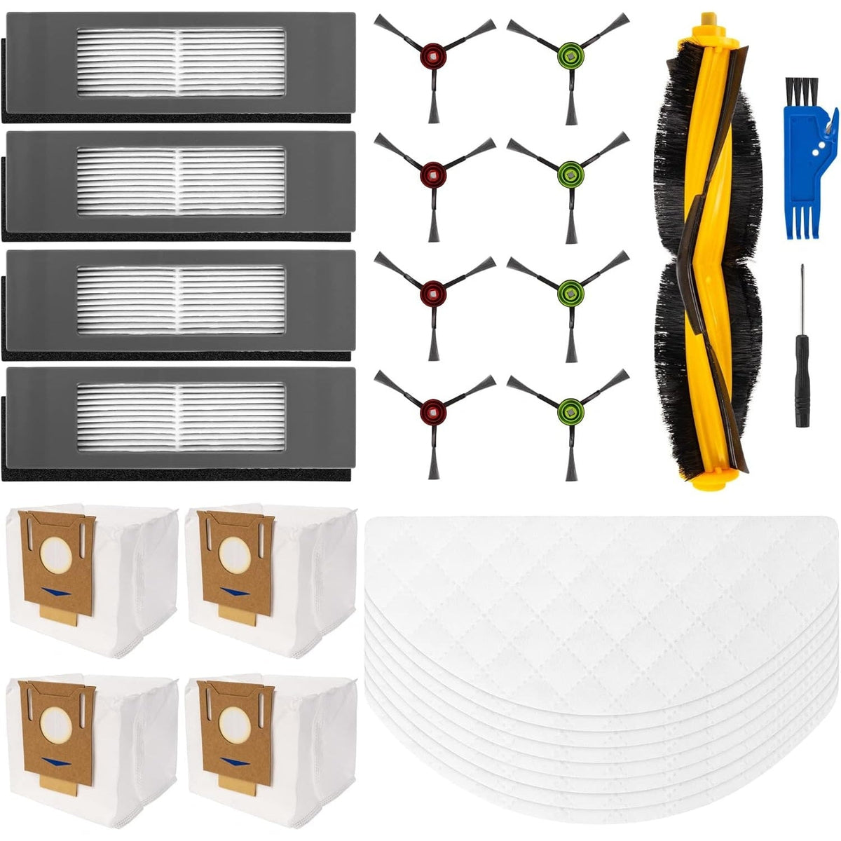 Replacement parts kit for Ecovacs Deebot and Yeedi robot vacuums including filters, side brushes, roller brush, and pads.
