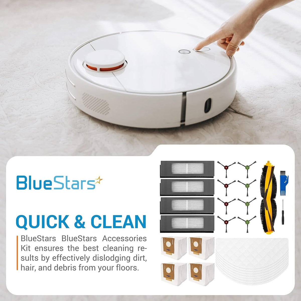 BlueStars replacement parts kit for Ecovacs Deebot and Yeedi robot vacuums including brushes, filters, and dust bags.