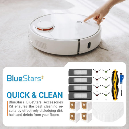 BlueStars replacement parts kit for Ecovacs Deebot and Yeedi robot vacuums including brushes, filters, and dust bags.