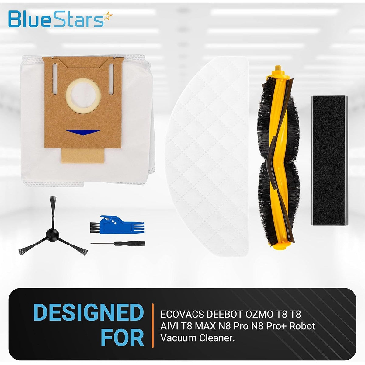Replacement parts kit for Ecovacs Deebot and Yeedi robot vacuums including dust bag, main brush, and side brush.