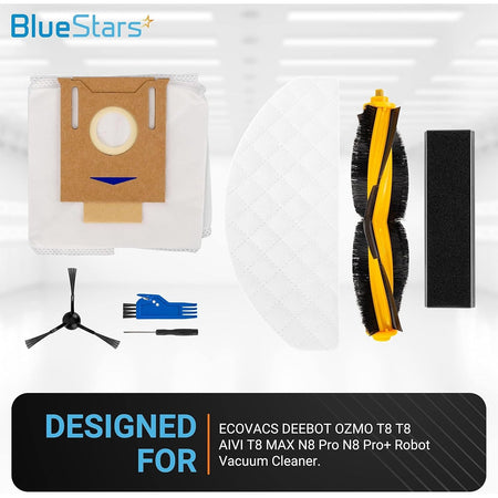 Replacement parts kit for Ecovacs Deebot and Yeedi robot vacuums including dust bag, main brush, and side brush.