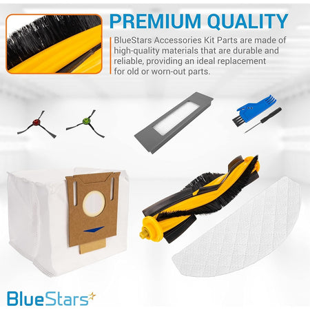 Replacement parts kit for Ecovacs Deebot and Yeedi robot vacuums including brushes, filter, dust bag, and cleaning tool.