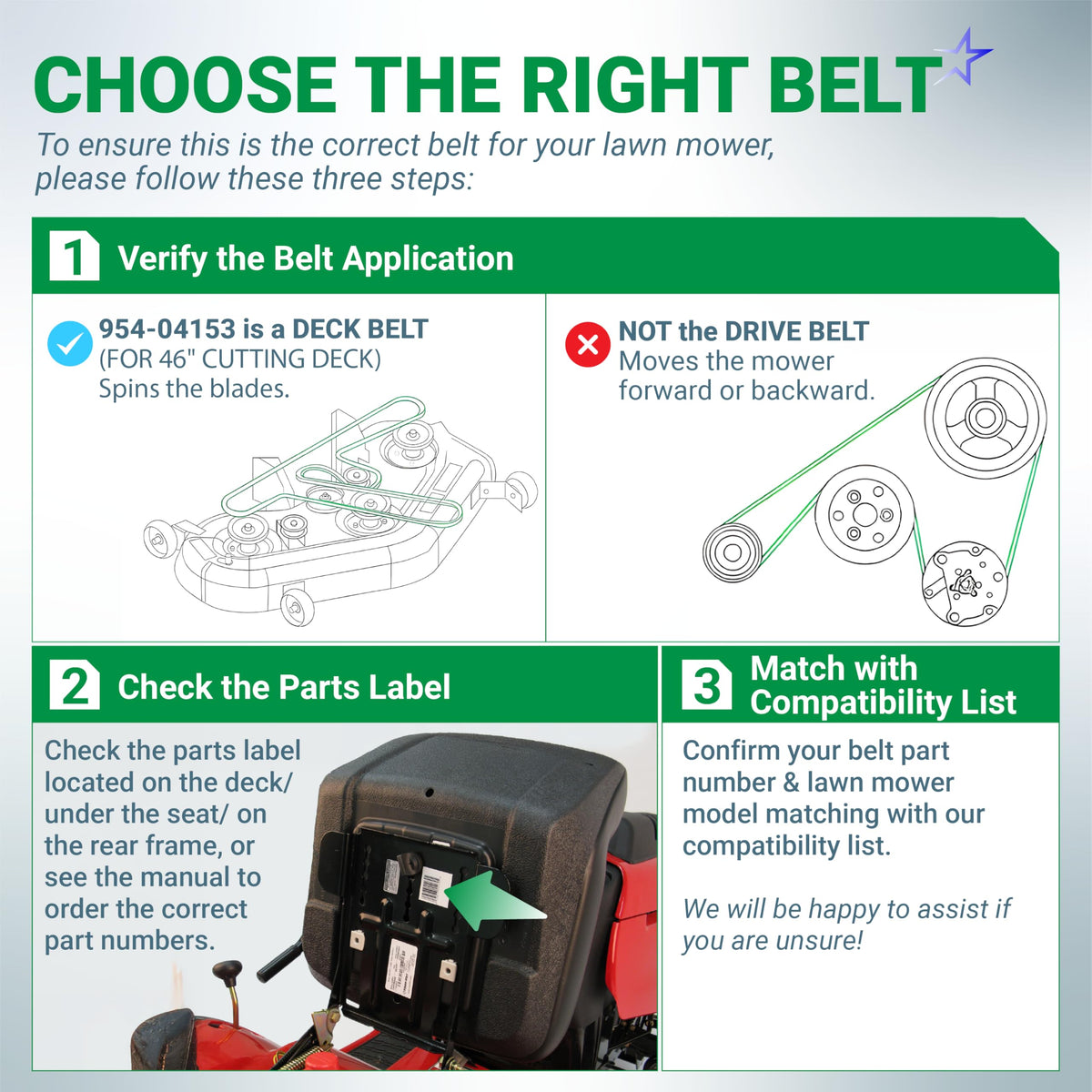 Infographic guide for identifying the correct 954-04153 deck belt for Cub Cadet 46-inch lawn mower cutting decks.