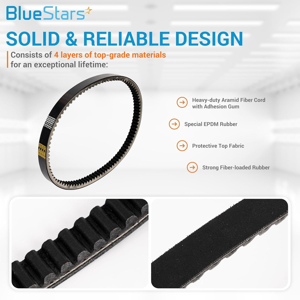 Infographic showing 1016203 clutch drive belt construction for Club Car golf carts with close-up material details.
