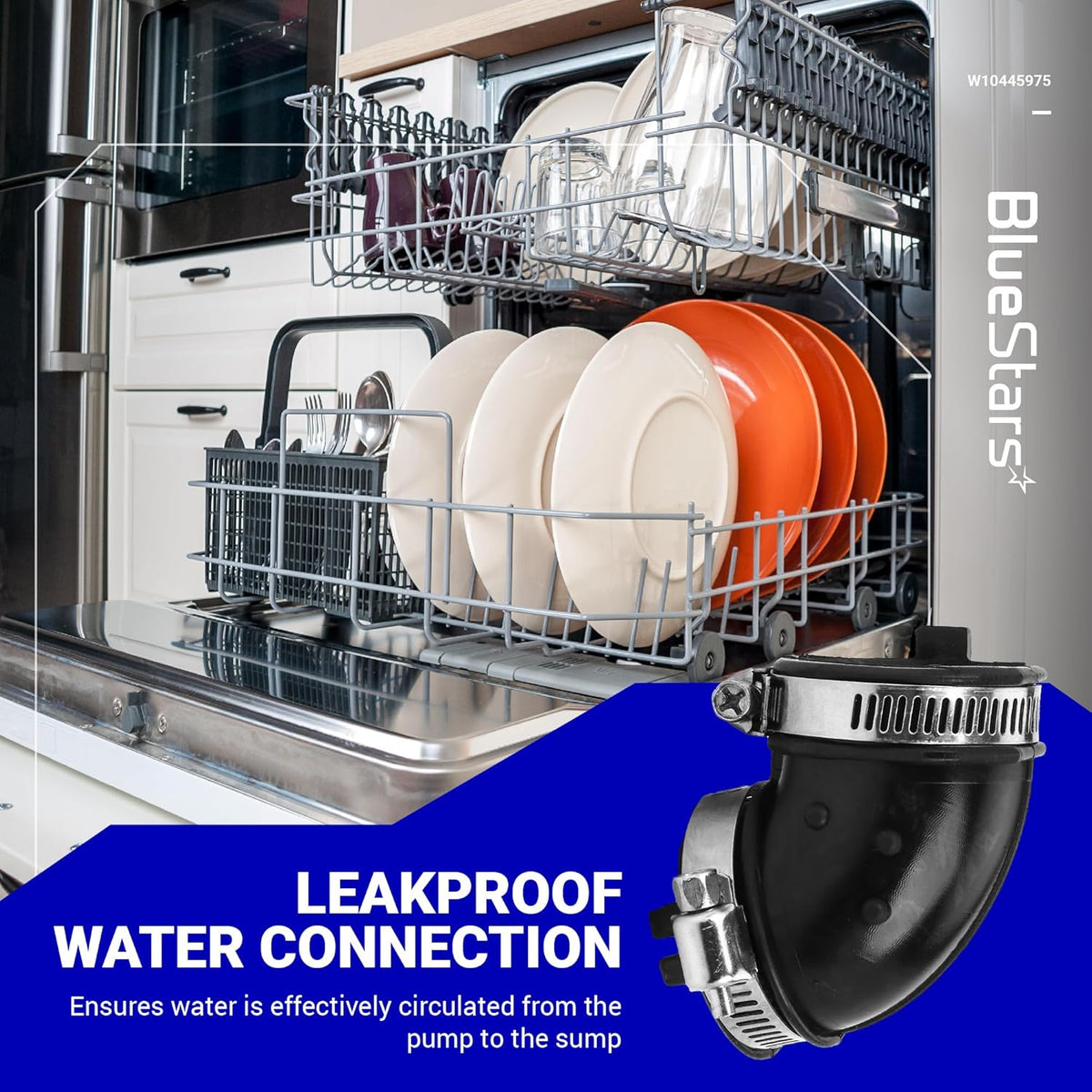 W10445975 dishwasher circulation pump hose with metal clamps for Whirlpool, Kenmore, and KitchenAid dishwashers.
