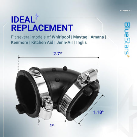 W10445975 dishwasher circulation pump hose with dimensions and metal clamps for Whirlpool and Kenmore appliances.