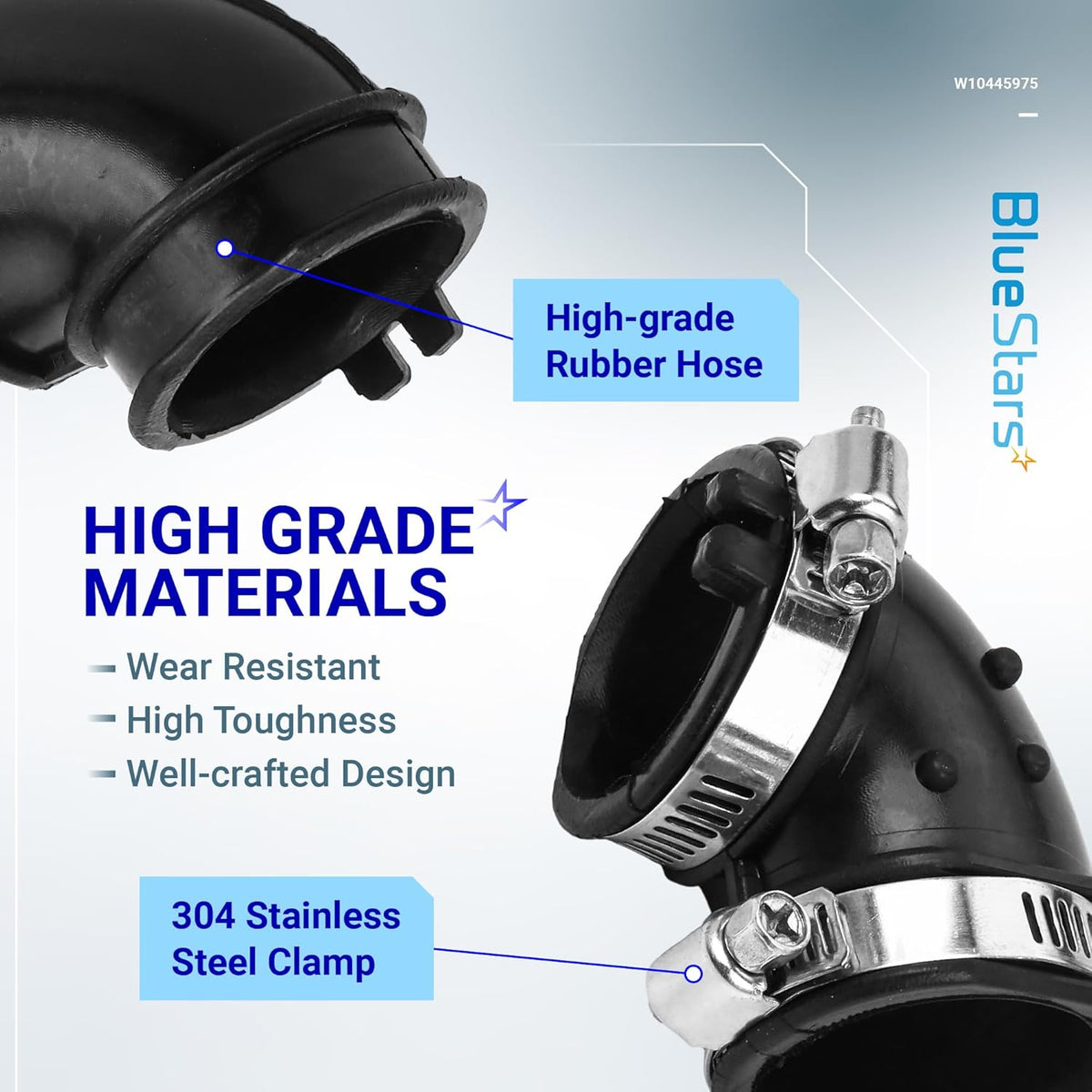 W10445975 dishwasher circulation pump rubber hose with stainless steel clamps, highlighting durable material construction.