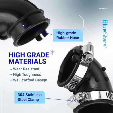 W10445975 dishwasher circulation pump rubber hose with stainless steel clamps, highlighting durable material construction.