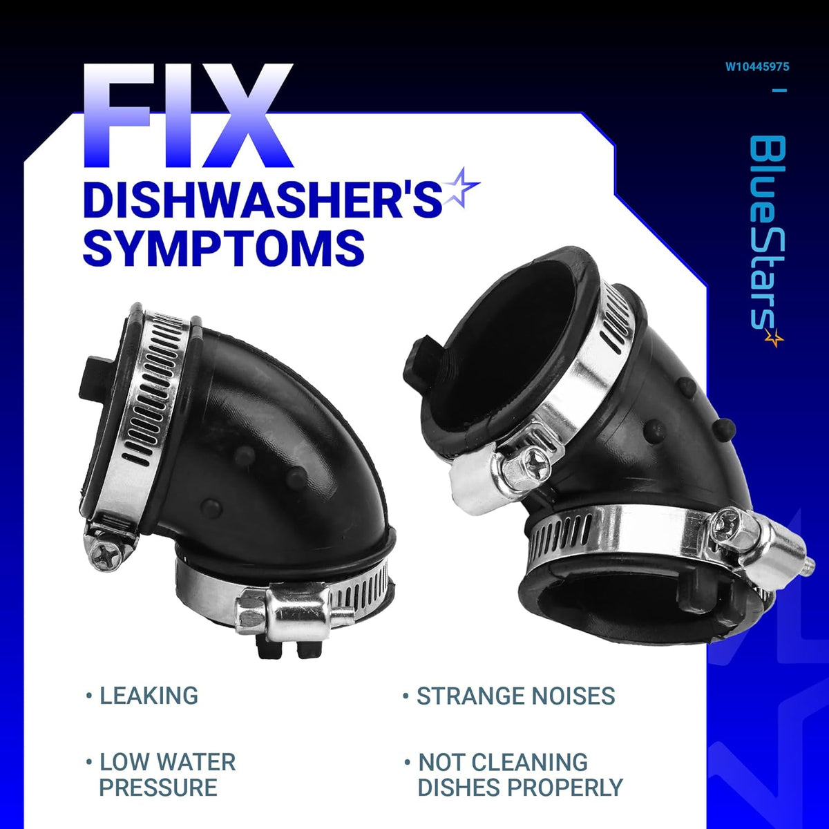 Two W10445975 dishwasher circulation pump hoses with metal clamps shown in an informational product graphic.