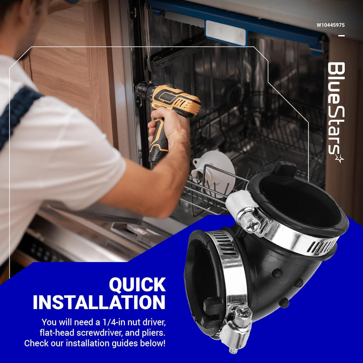 W10445975 dishwasher circulation pump hose with metal clamps shown in an installation guide graphic.