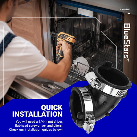 W10445975 dishwasher circulation pump hose with metal clamps shown in an installation guide graphic.