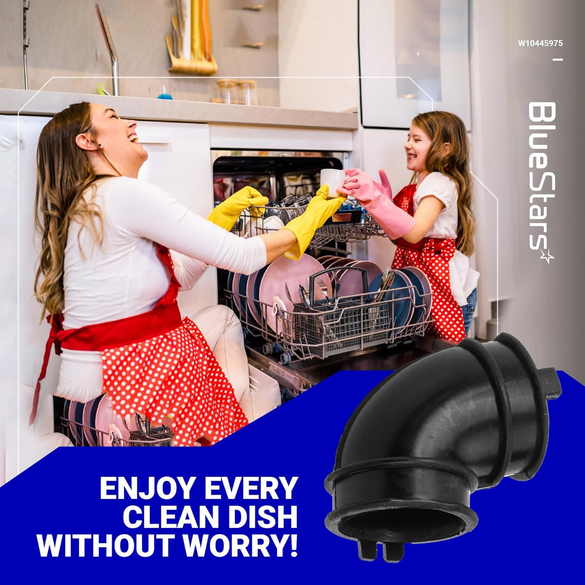 W10445975 dishwasher circulation pump hose replacement part shown on promotional lifestyle background.