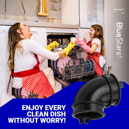 W10445975 dishwasher circulation pump hose replacement part shown on promotional lifestyle background.
