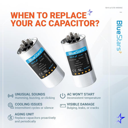 Infographic showing two 50+5 uF 370/440 VAC dual run capacitors and signs indicating when to replace an AC capacitor.
