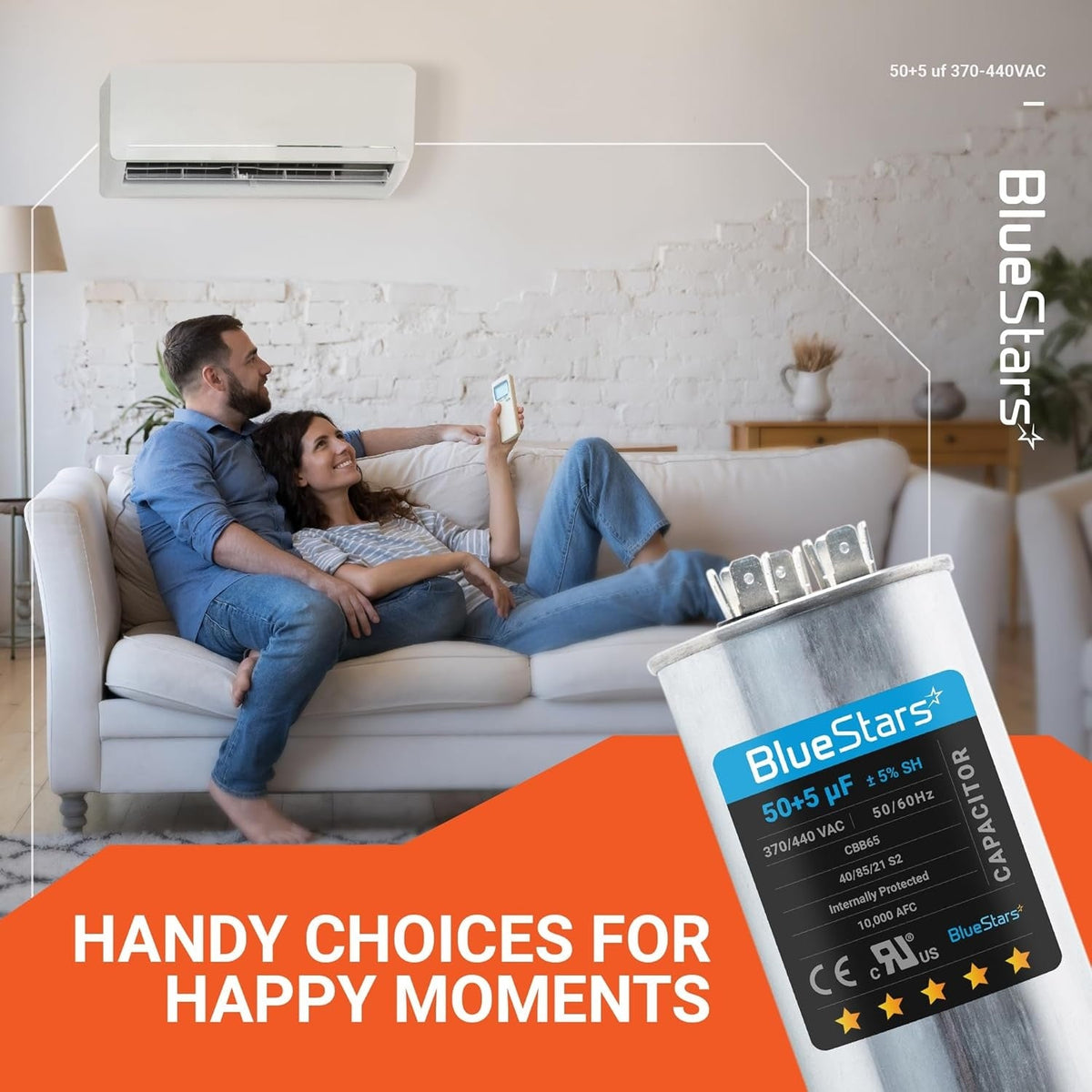 50+5 uF dual run round AC capacitor for condenser and heat pump systems shown in a lifestyle marketing graphic.