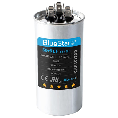 BlueStars 50+5 uF 370/440 VAC dual run round AC capacitor for condenser and heat pump units.