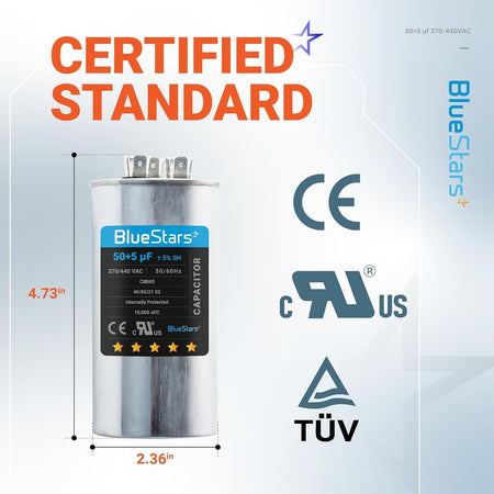 BlueStars 50+5 uF 370/440 VAC dual run round AC capacitor with dimensions and certification labels.