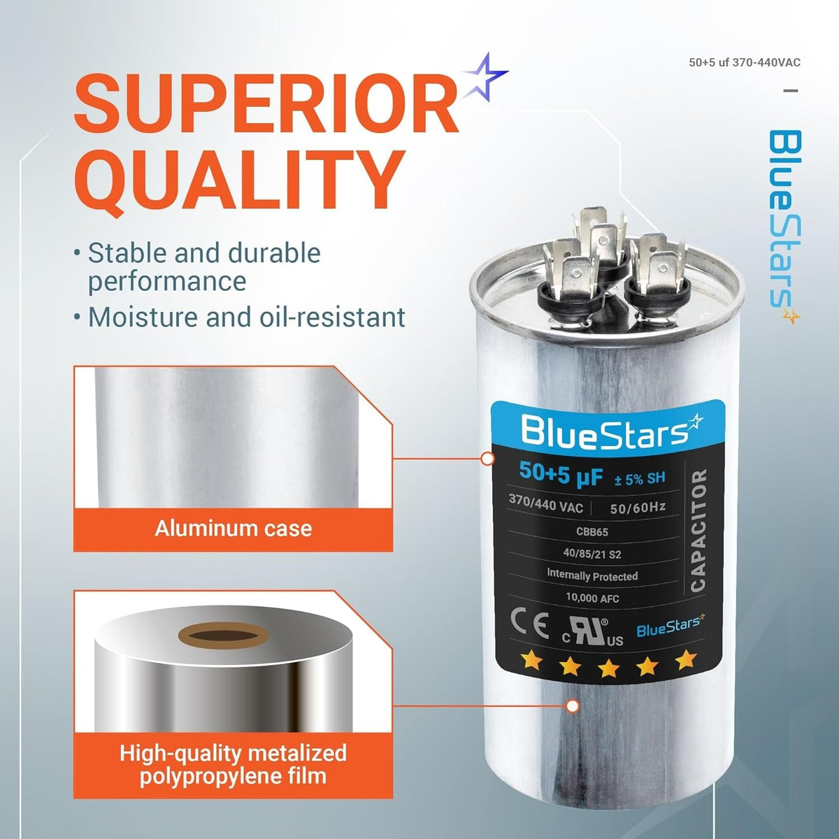 BlueStars 50+5 uF 370/440 VAC dual run round AC capacitor with aluminum case and metalized film construction details.