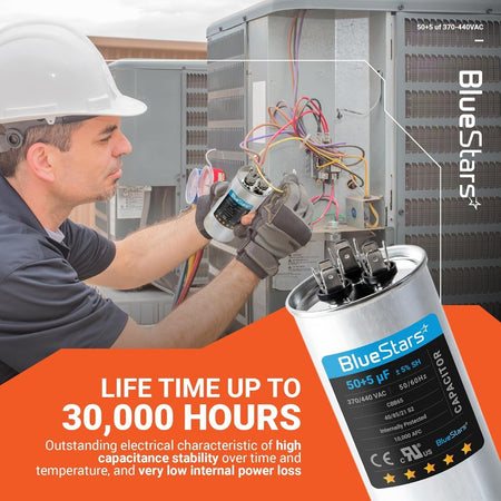 Technician installing a 50+5 uF 370/440 VAC dual run capacitor into an AC condenser unit.