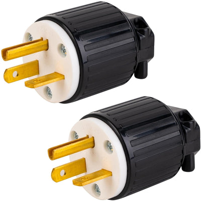 Two NEMA 6-20P electrical male plugs with black housings and gold-toned prongs.