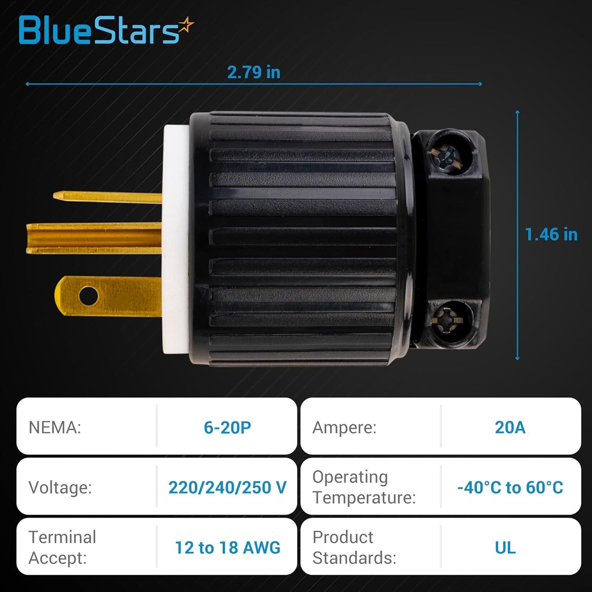 Single NEMA 6-20P electrical male plug with dimensions and technical specifications chart.