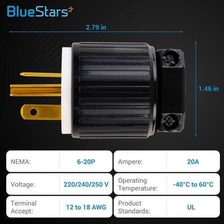 Single NEMA 6-20P electrical male plug with dimensions and technical specifications chart.