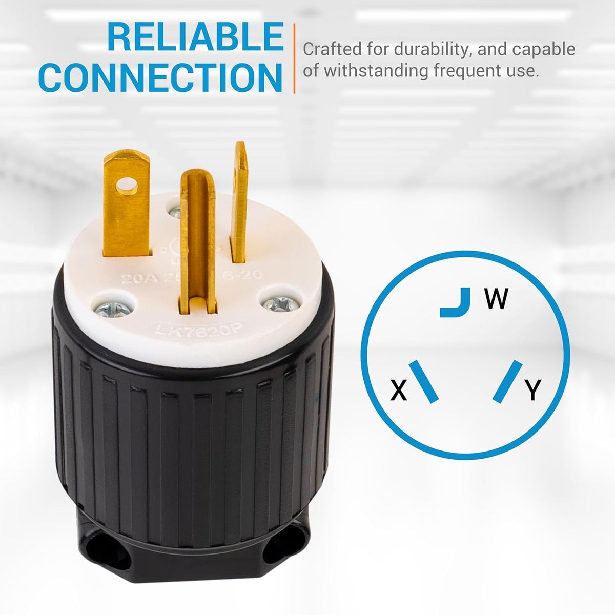 Close-up of a single NEMA 6-20P electrical male plug with a wiring diagram overlay.