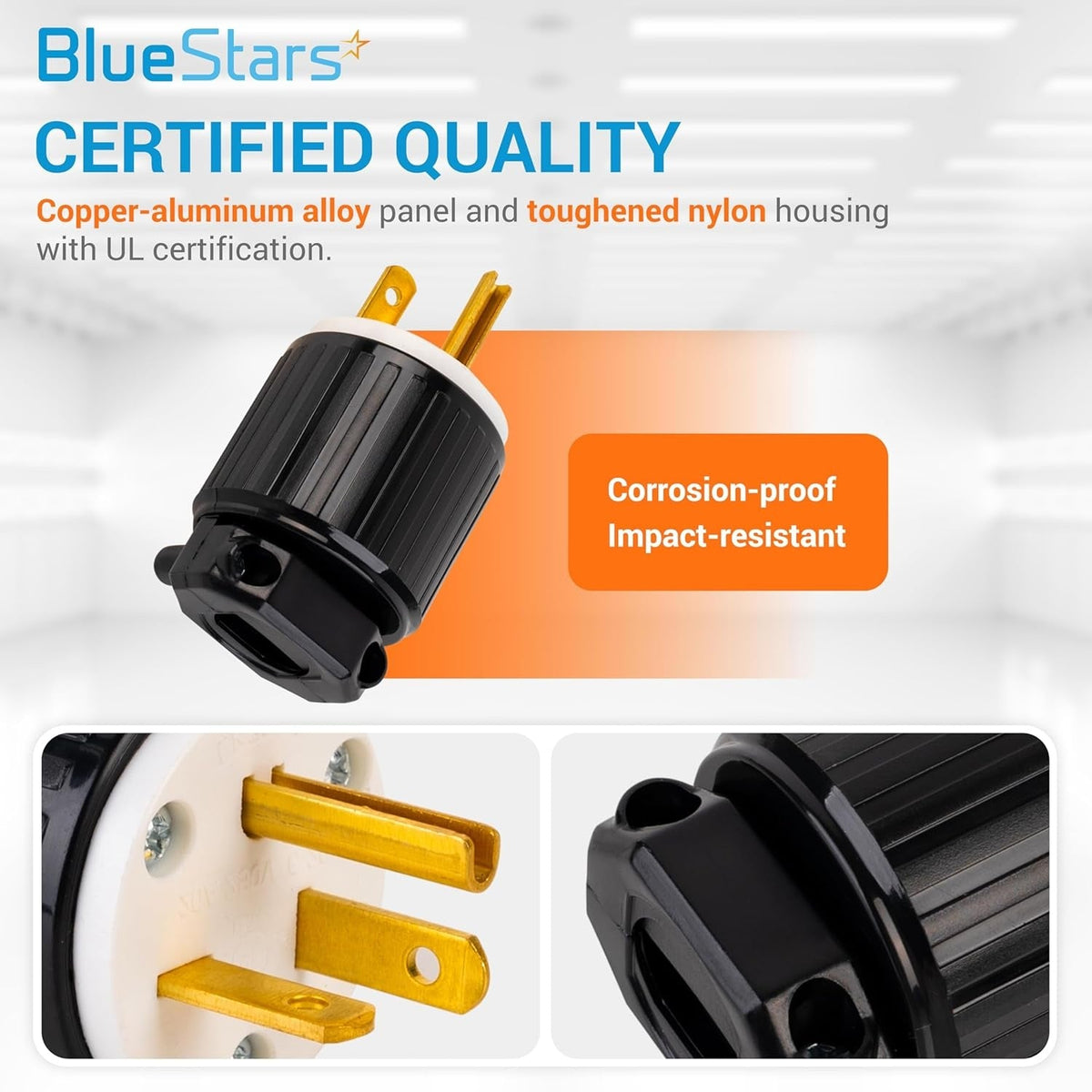 Close-up of NEMA 6-20P electrical male plug showing copper-aluminum alloy prongs and durable nylon housing.