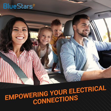BlueStars lifestyle graphic featuring a happy family in a car with the text Empowering Your Electrical Connections.