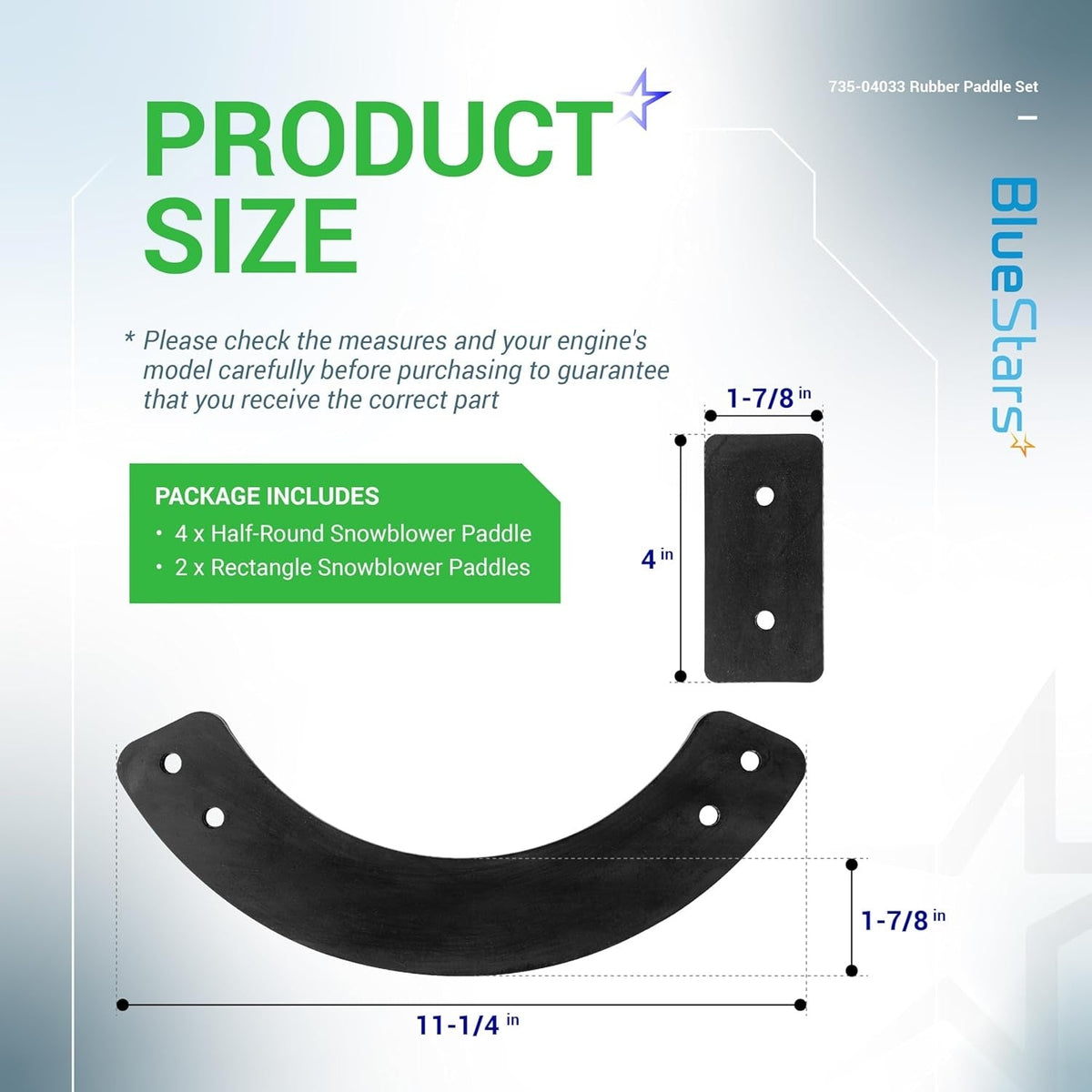 Dimension diagram for 753-04472 and 735-04033 snowblower rubber paddle set showing measurements for components.
