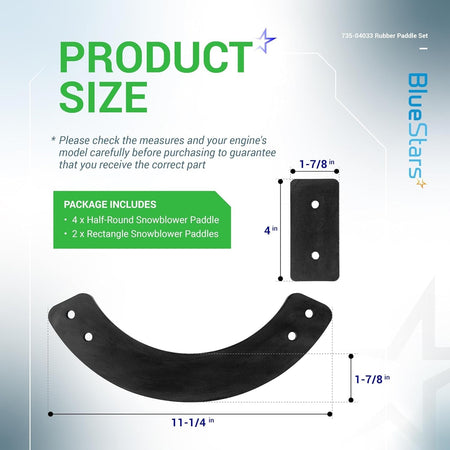 Dimension diagram for 753-04472 and 735-04033 snowblower rubber paddle set showing measurements for components.