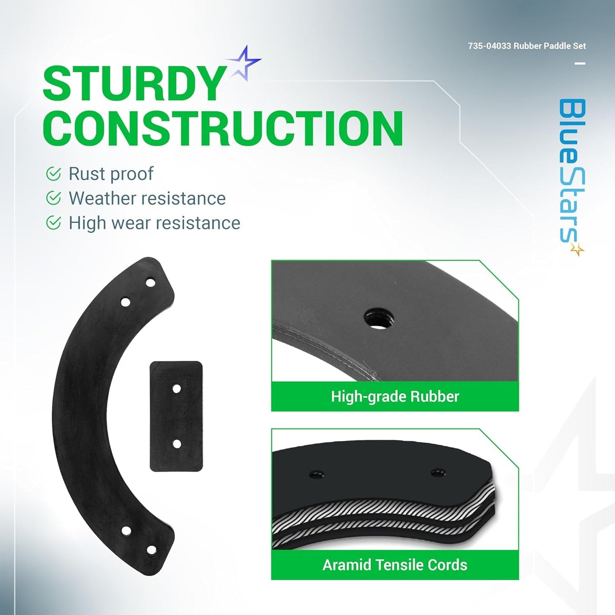 735-04033 rubber paddle set showing high-grade rubber construction and aramid tensile cords.