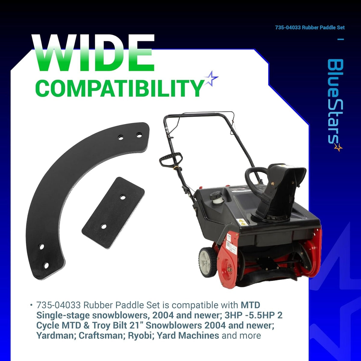 735-04033 rubber paddle set components shown with compatible single-stage snowblower.