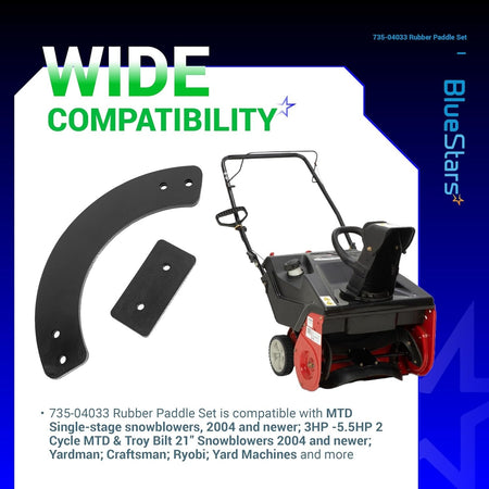 735-04033 rubber paddle set components shown with compatible single-stage snowblower.