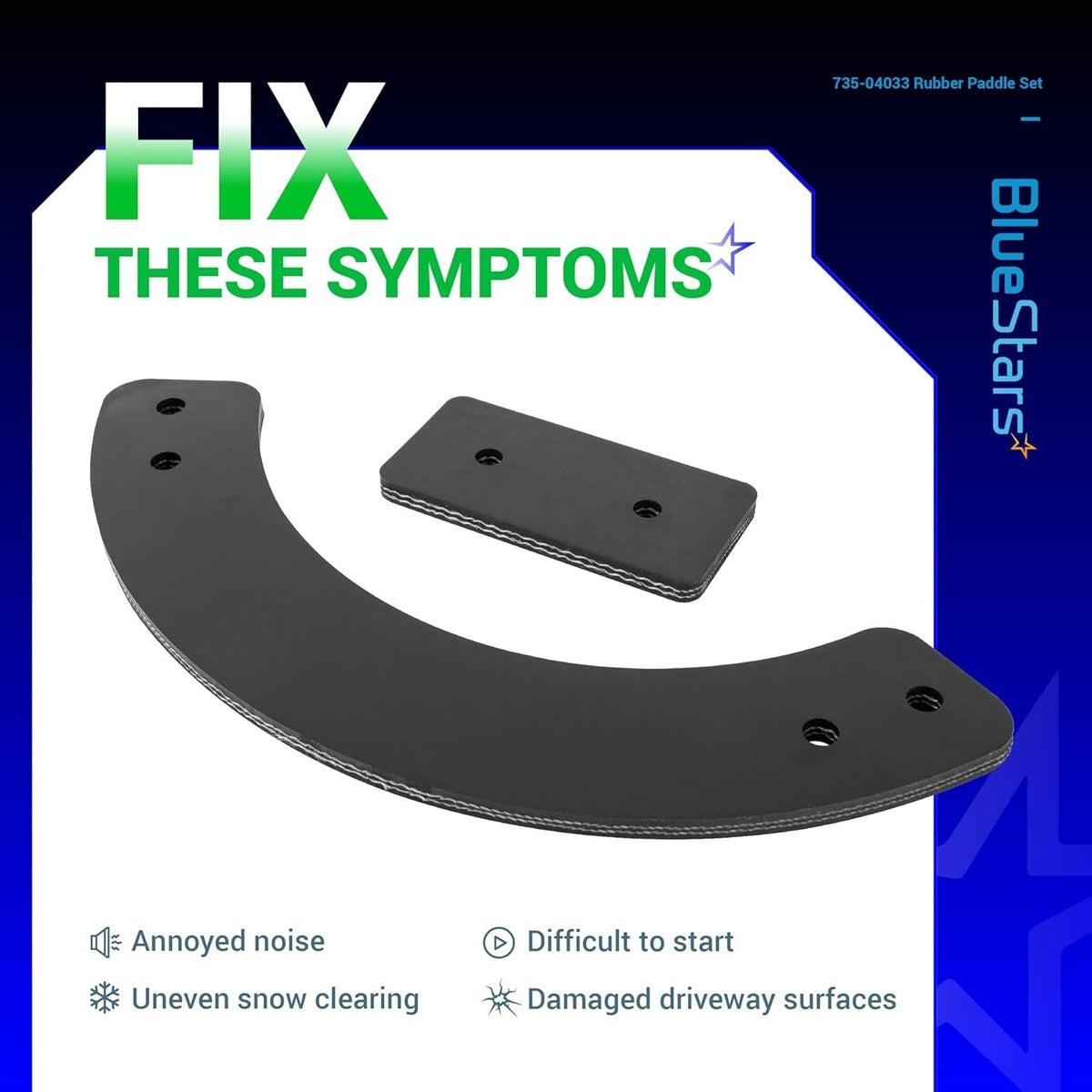 Curved and rectangular rubber paddles for snow blower replacement parts.