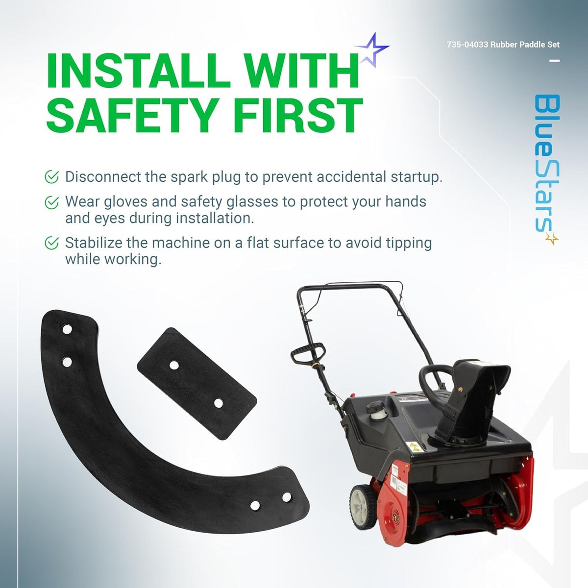 Safety installation guide for 753-04472 735-04033 rubber paddle set for snow blowers.