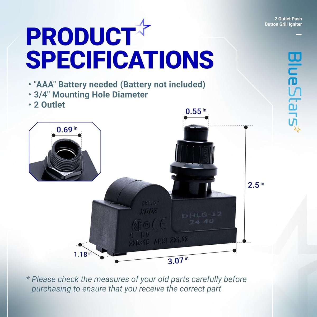DHLG-12 2 outlet push button grill ignitor with detailed product dimension specifications and mounting measurements.