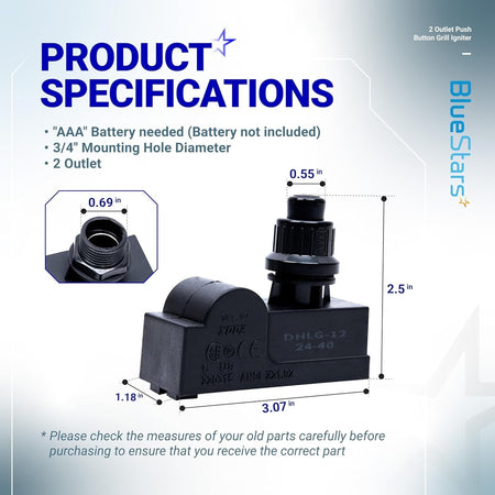 DHLG-12 2 outlet push button grill ignitor with detailed product dimension specifications and mounting measurements.
