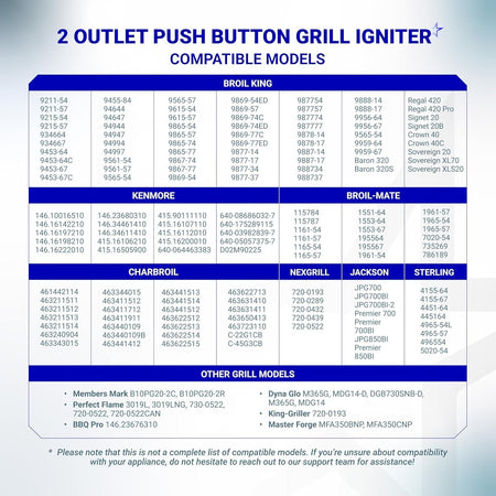 Compatibility chart for DHLG-12 2 outlet push button grill ignitor listing compatible grill models and brands.