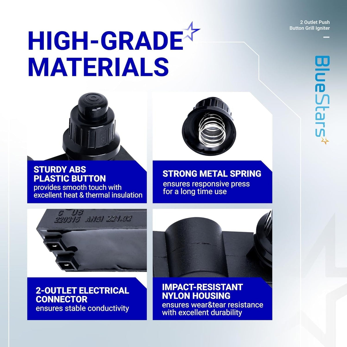 Infographic showing high-grade material features of the DHLG-12 2 outlet push button grill ignitor.