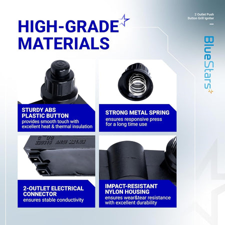 Infographic showing high-grade material features of the DHLG-12 2 outlet push button grill ignitor.