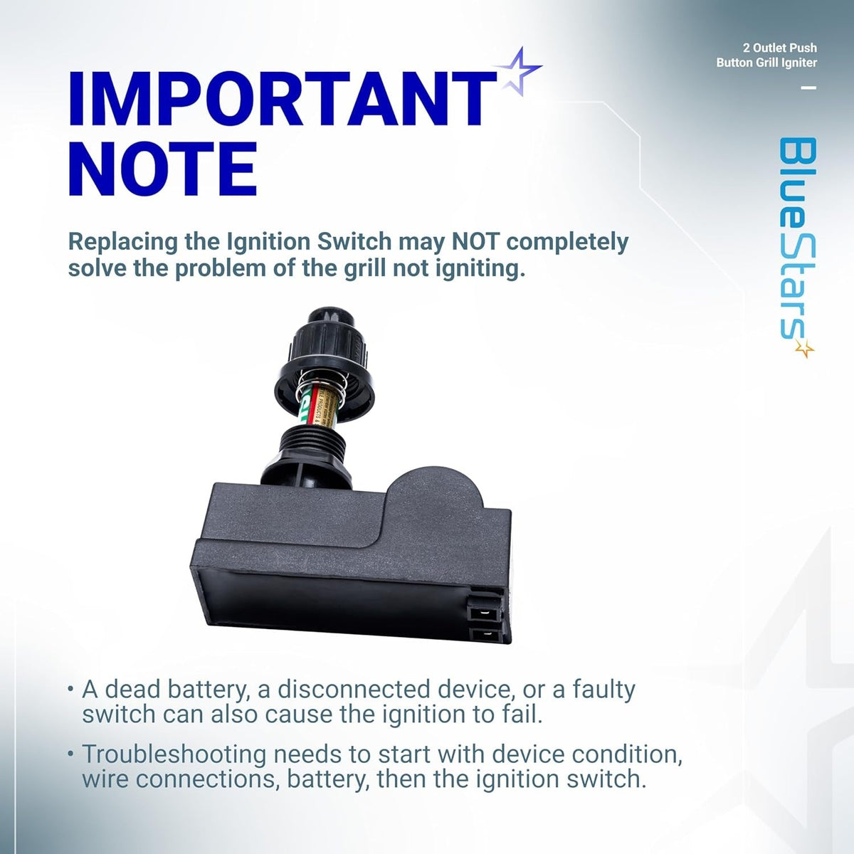 DHLG-12 2 outlet push button grill ignitor with battery compartment and troubleshooting information graphic.